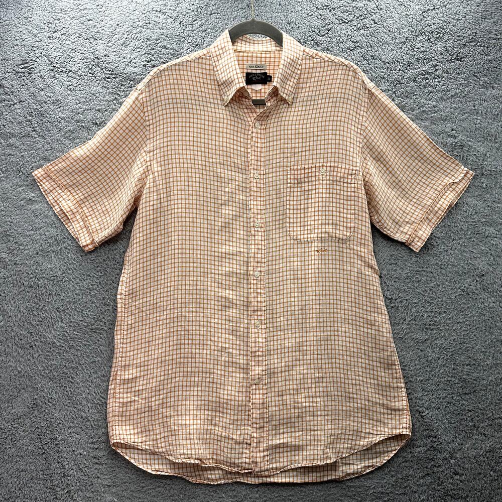 Paul & Shark Yachting Men's 38 Medium Orange White 100% Linen Button Up Shirt